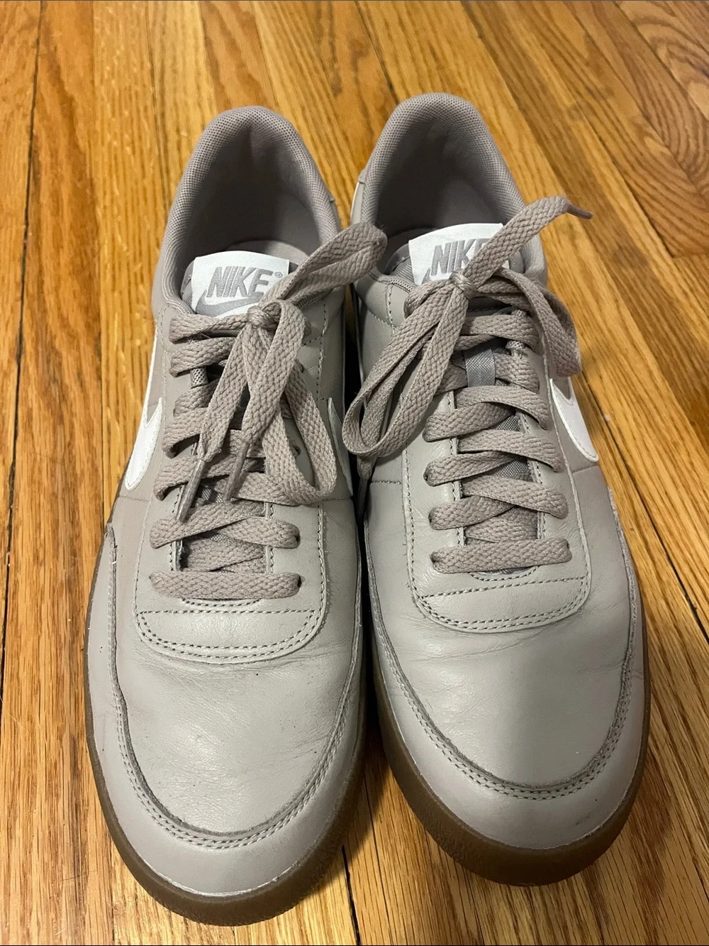 Nike Men’s Taupe Low-Top Sneakers with White Swoosh and Brown Gum Sole